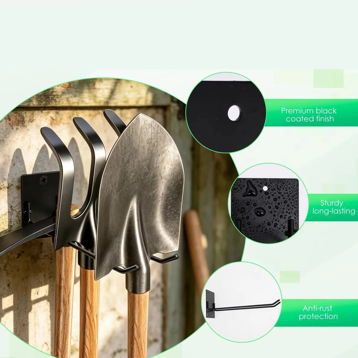 rangements outils jardin mural noir industriel pelle râteau fourche fixations plaques métal lisse