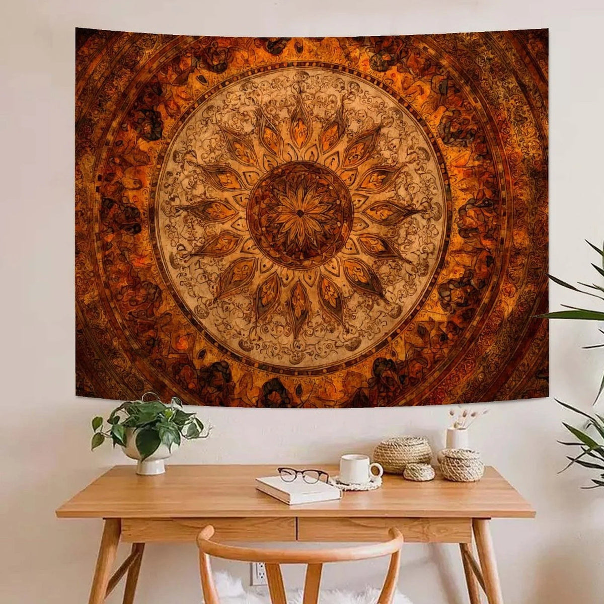 tapisserie bohème mandala orange marron chambre salon décoration murale ethnique scandinave