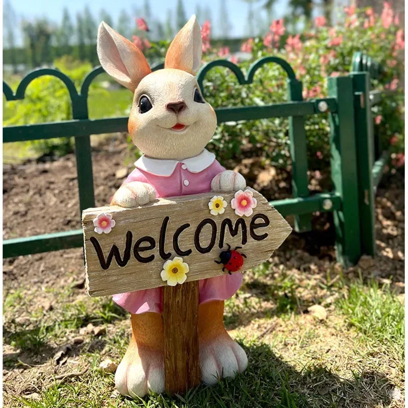 décoration extérieure figurine lapin bienvenue panneau fleurs coccinelle champêtre charmant résine
