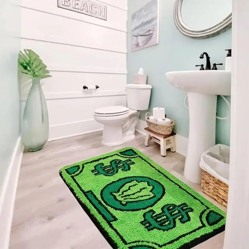 tapis vert imitation billets dollars poilus antidérapant humour salle bain cuisine entrée rectangle polyester