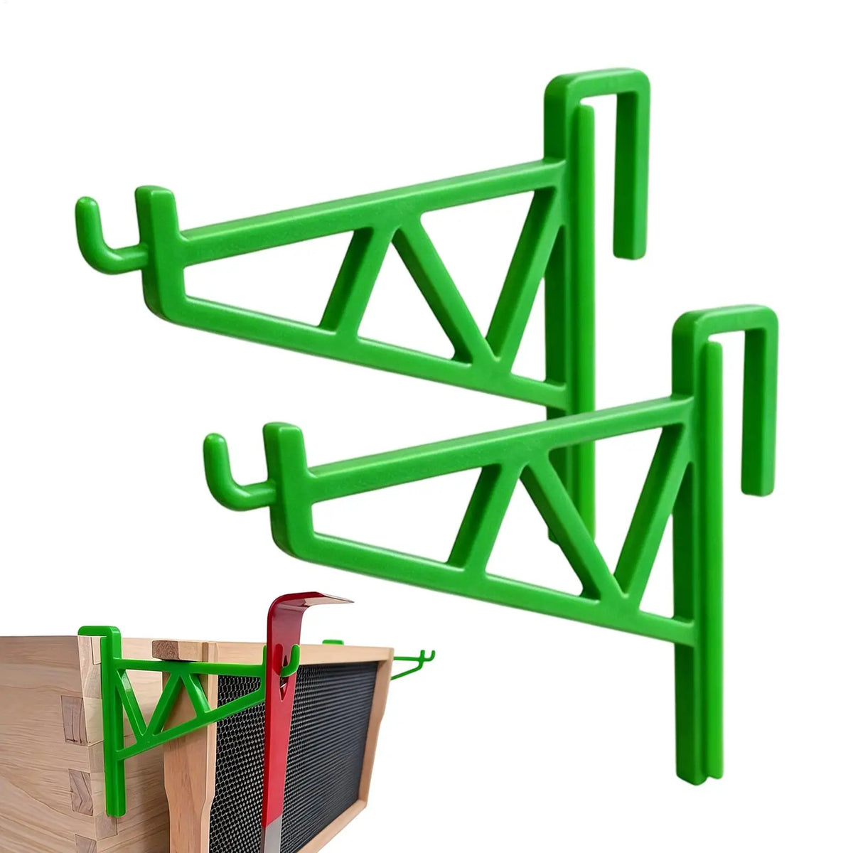 support mural apiculture clips vert noir structure triangulaire barres horizontales moderne fonctionnel
