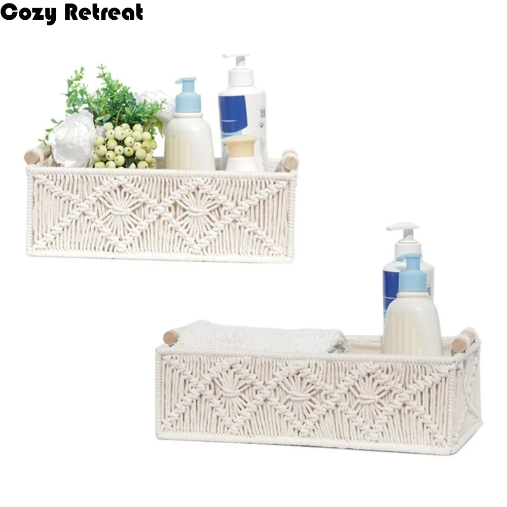 panier macramé boho motifs géométriques poignées bois beige clair rangement décoratifintérieur