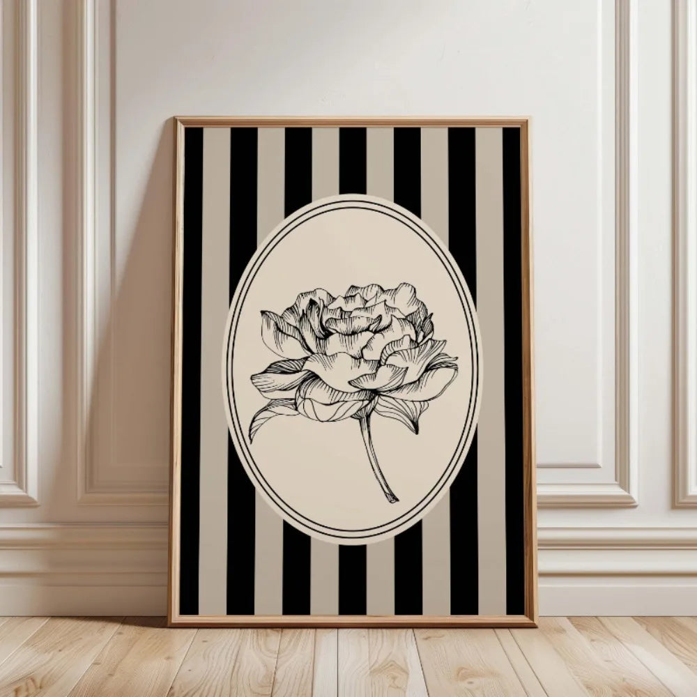 affiche art minimaliste fleur ovale rayures horizontales noir blanc beige cadre bois decoration murale