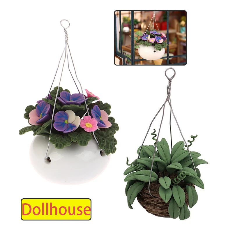 pots fleurs suspendus miniatures maison poupée vert bleu rose décoration naturelle artificiels