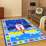 tapis enfant moderne rose clair bleu rouge jaune vert motif numéro empreinte pied lettres