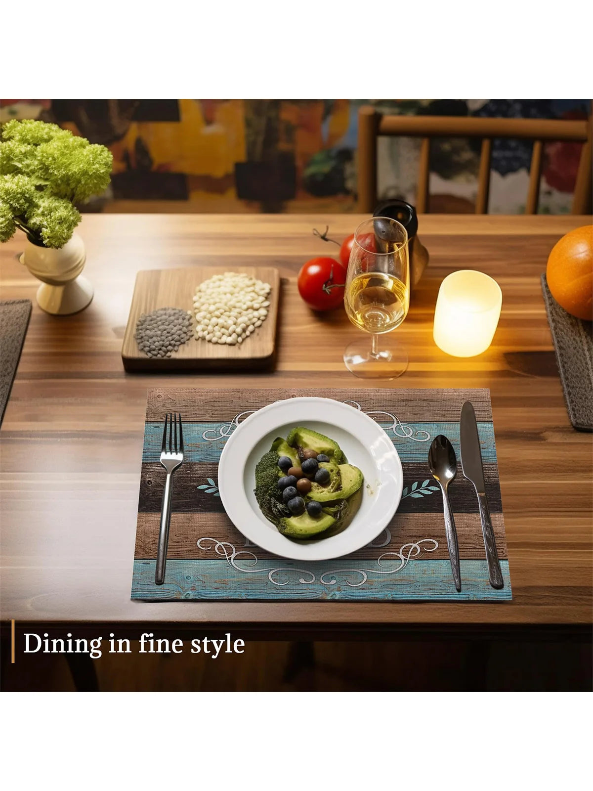 tapis table rustique lin bleu brun gris textes grateful thankful blessed decoratif echangetable
