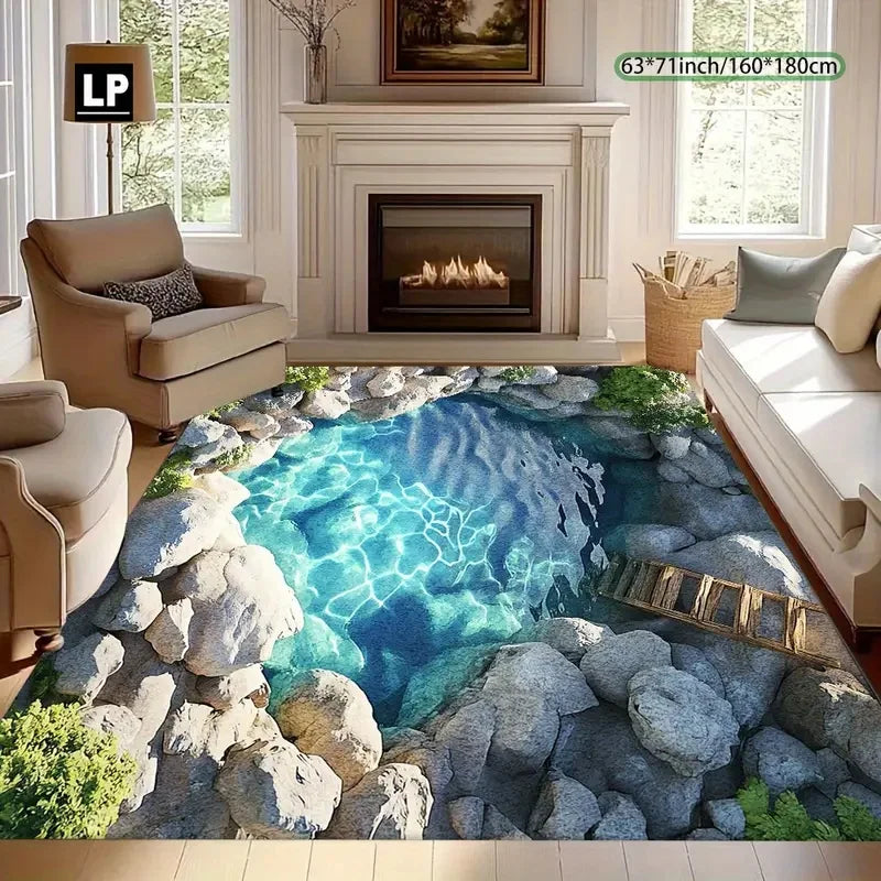 tapis moderne paysage aquatique poissons dauphins bleu vert gris salon chambre salle bain 120x160cm