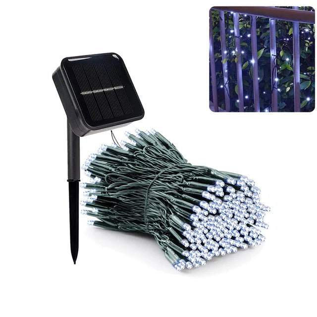 guirlande lumineuse solaire 300 LED blanches fil noir moderne extérieure jardin décoration noël vacances
