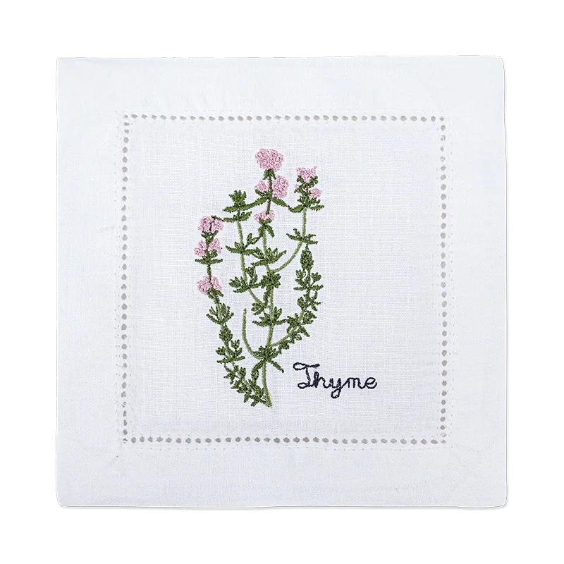 serviette cuisine lin blanc brodée motifs plantes aromatiques naturelle table élégante