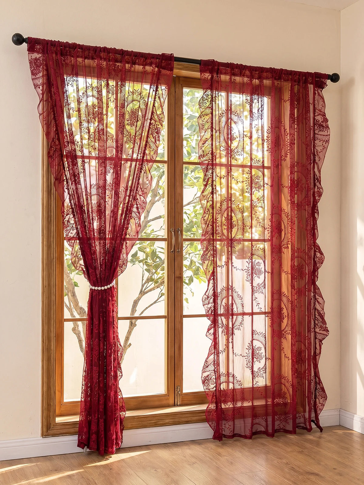 rideau brodé fleurs rouge classique transparent décoration intérieure maison pastorale 140x200cm