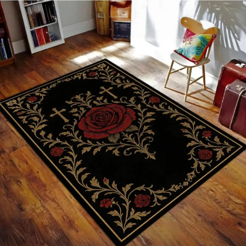tapis baroque rose rouge fleurs feuilles croix noir salon decoration maison hotelextérieur salle bain