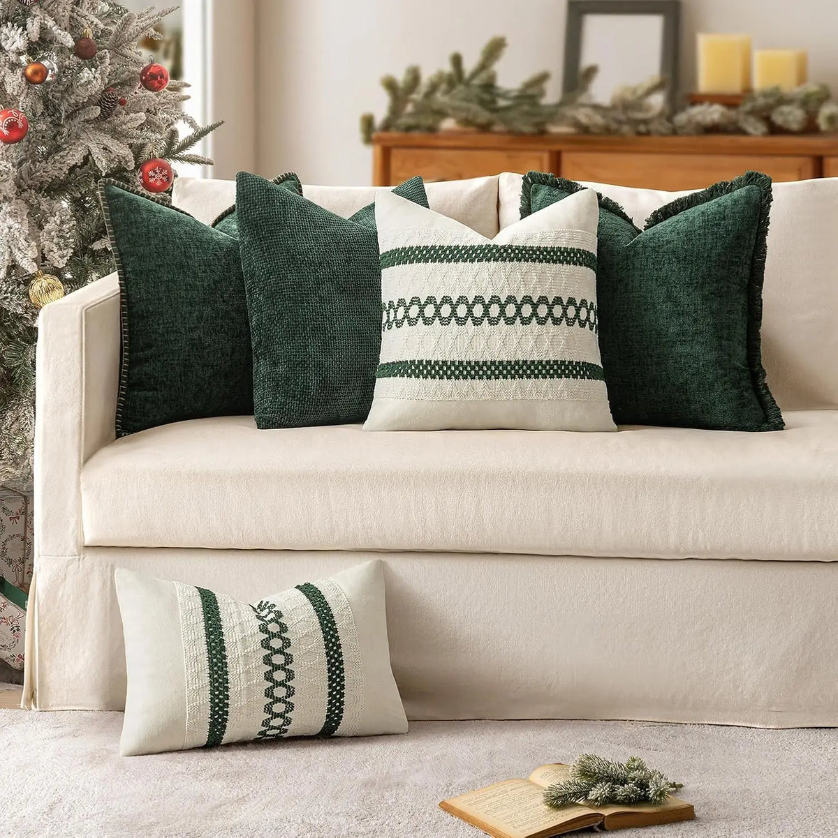 housse coussin chenille vert foncé moderne carré décoratif lit sofa tissage polyester artisanal haute