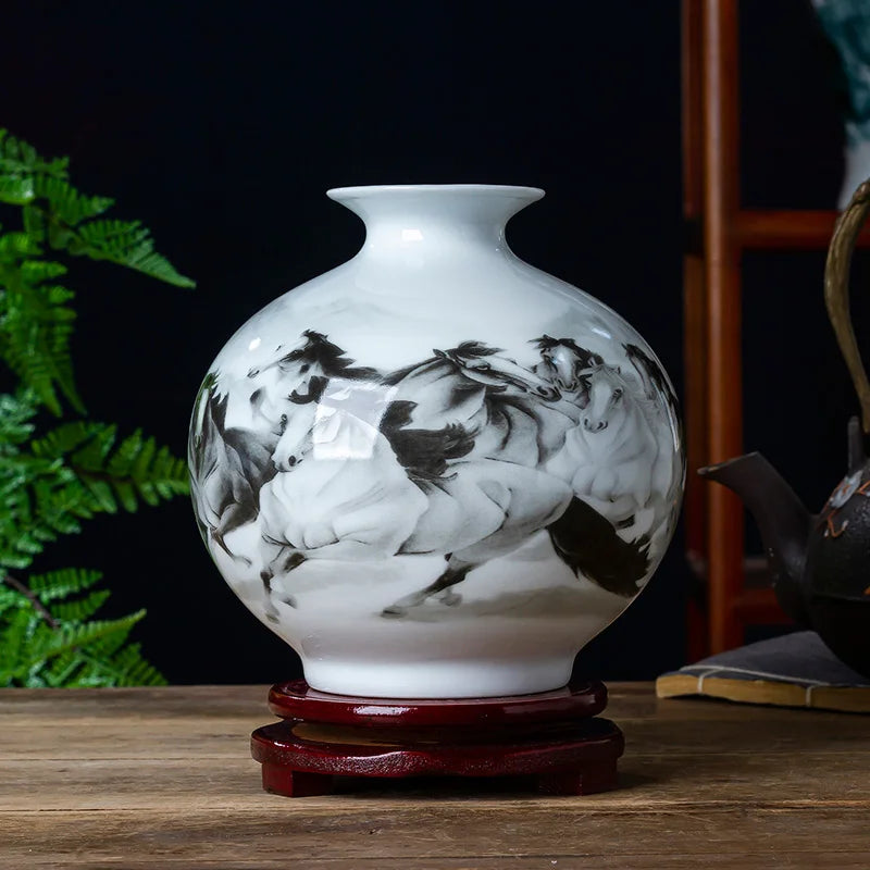 Un vase en porcelaine blanche décorée de motifs floraux en nuances de noir et de blanc, posé sur un support en bois, entouré de plantes vertes.