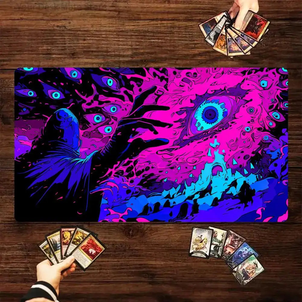 tapis jeu cartes violet bleu noir illustration yeux plumes mains moderne abstrait 60cm 35cm