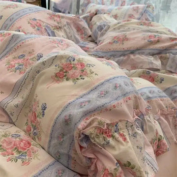 parure lit vintage fleurs roses bleu pastel drap housse couette taies oreiller coton