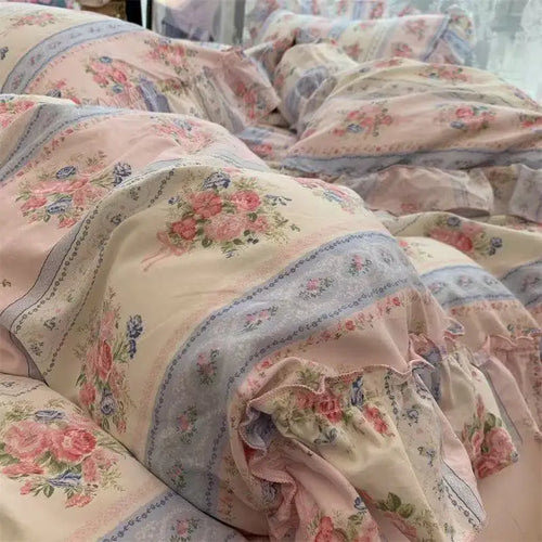 parure lit vintage fleurs roses bleu pastel drap housse couette taies oreiller coton
