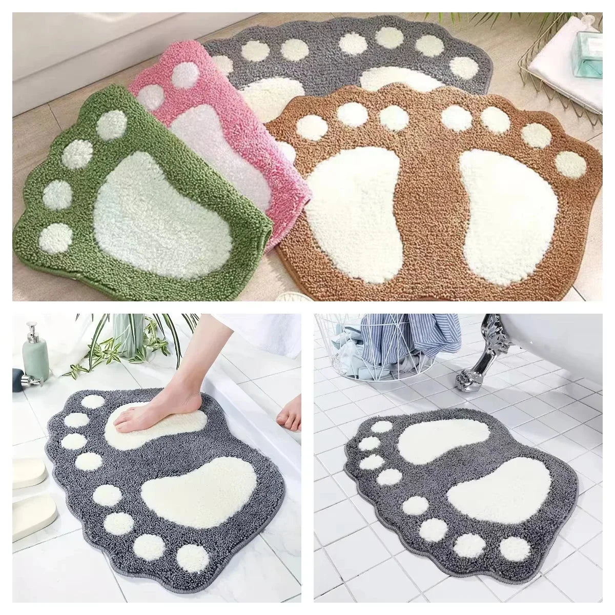 tapis bain empreinte pieds vert rose marron gris texture poilue granuleuse antidérapant machine lavable