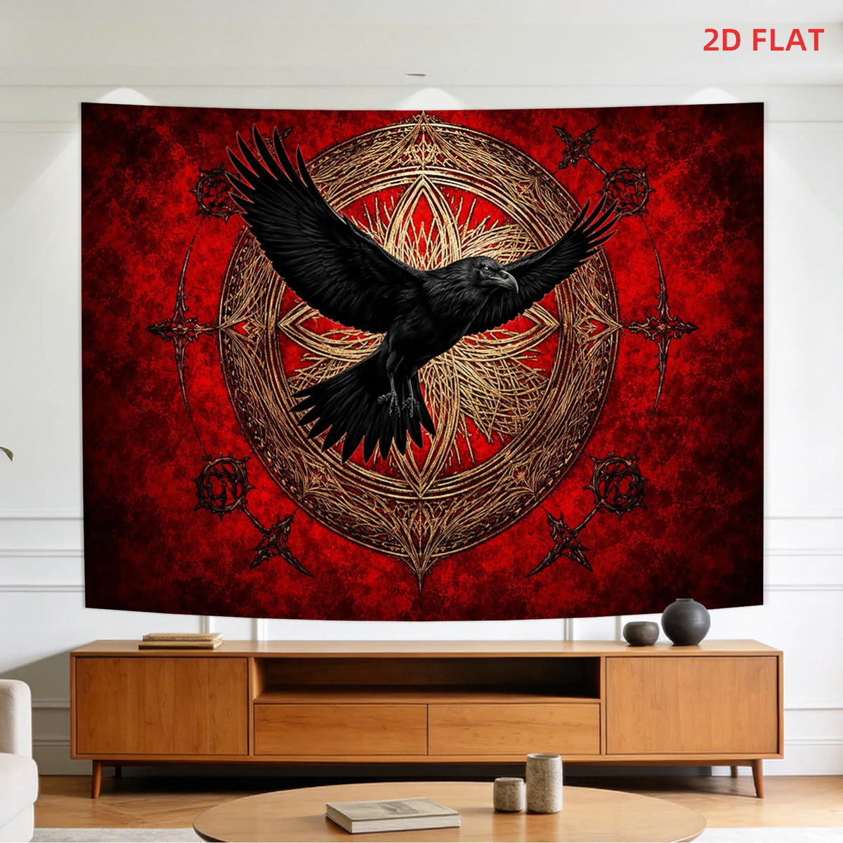 tapisserie murale oiseau vol cercle géométrique motifs floraux gothique rouge noir doré décoration salon