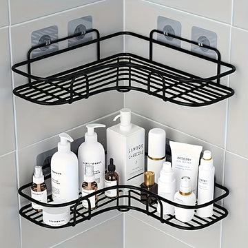 étagère angle salle bain acier inoxydable adhésif noir moderne grille métallique rangement produits cosmétiques