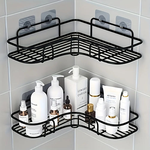 étagère angle salle bain acier inoxydable adhésif noir moderne grille métallique rangement produits cosmétiques