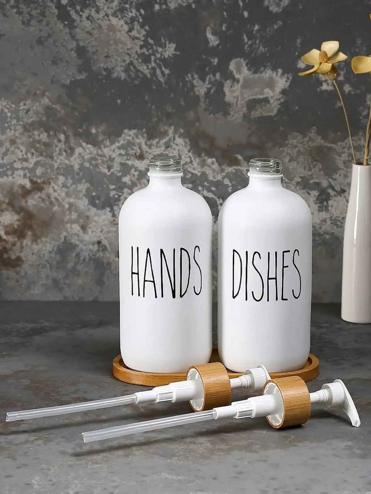 distributeur savon verre blanc moderne minimaliste base bambou deux pompes cuisine salle bain