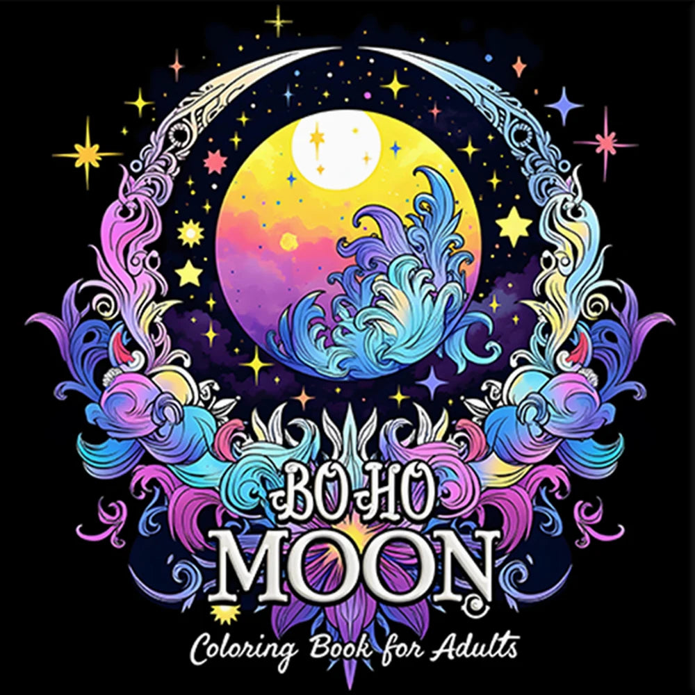 livre coloriage adultes motifs boho lune étoiles fleurs ornements couverture rigide pages blanches