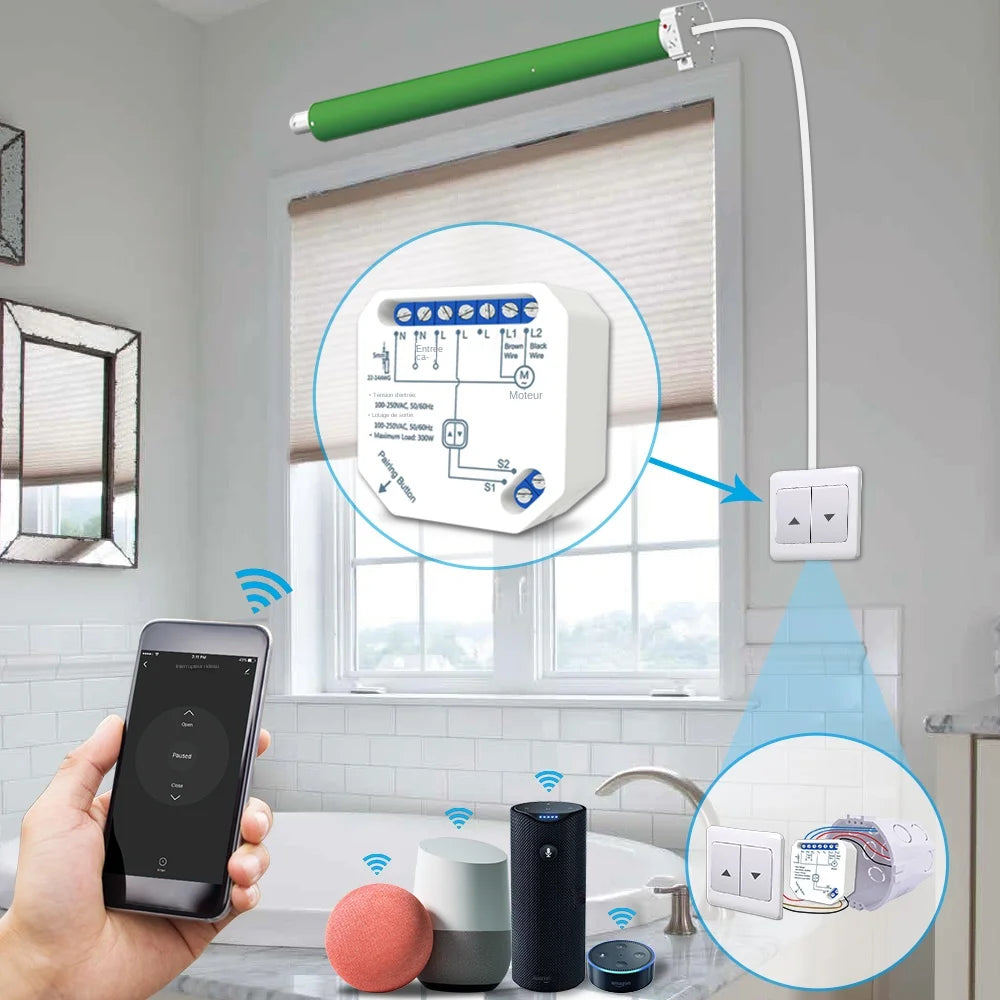 module commutation rideau blanc moderne tringle commande câbles connectivité google alexa