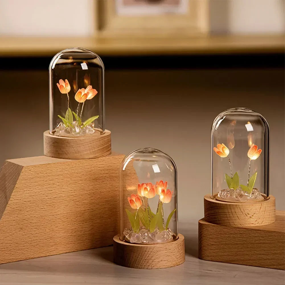 bouquet tulipes artificielles verre transparent tulipes roses blanches vertes feuilles modernes chambre décoration led