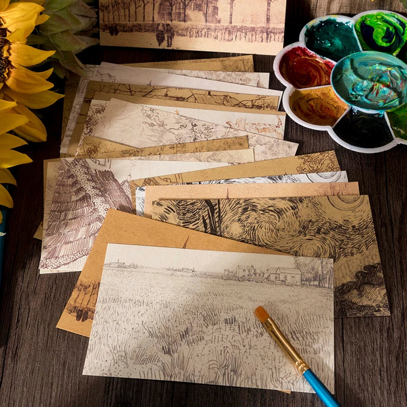 cartes postales artistes motifs monochromes dessins manuscrits peintres célèbres vintage lignes fines junk journal