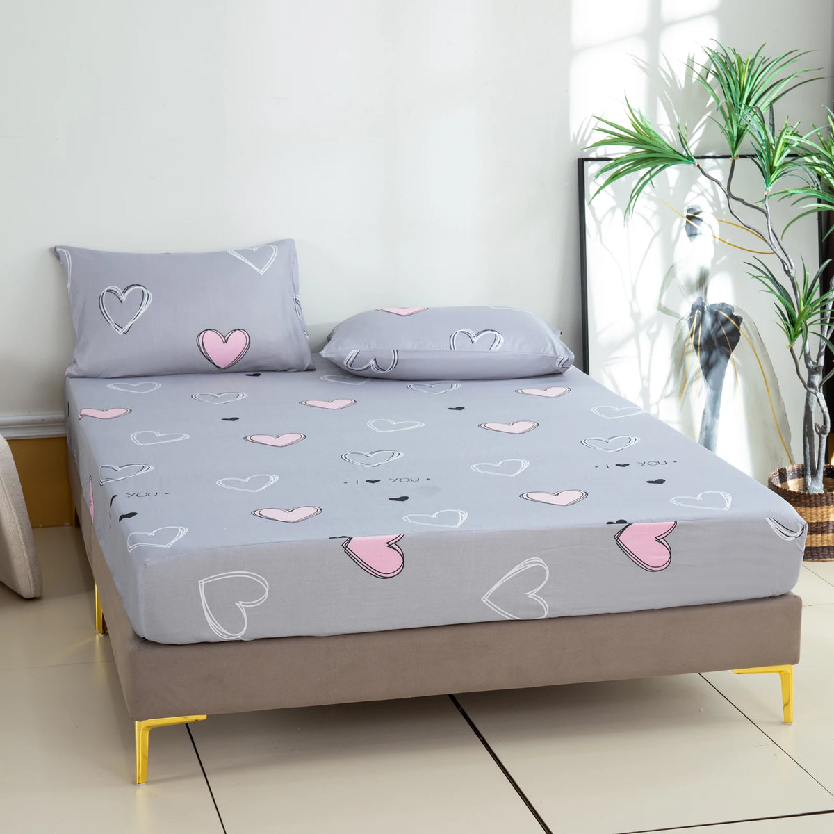 drap housse matelas gris clair motif coeur rose blanc moderne coton polyester chambre adulte
