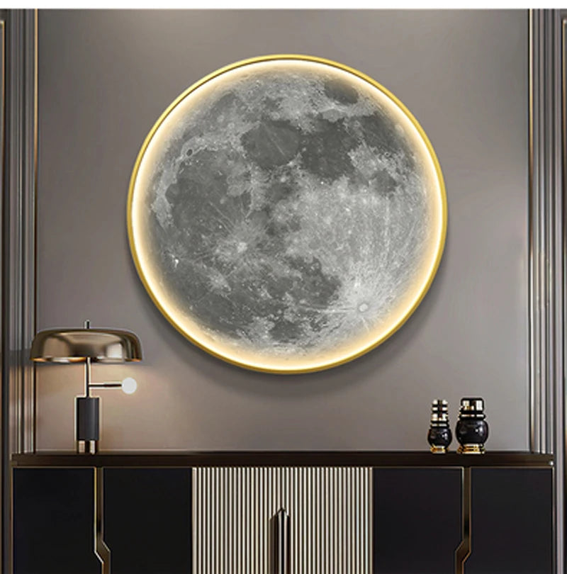 Installation de l'applique murale LED ronde en forme de lune dans un salon style nordique