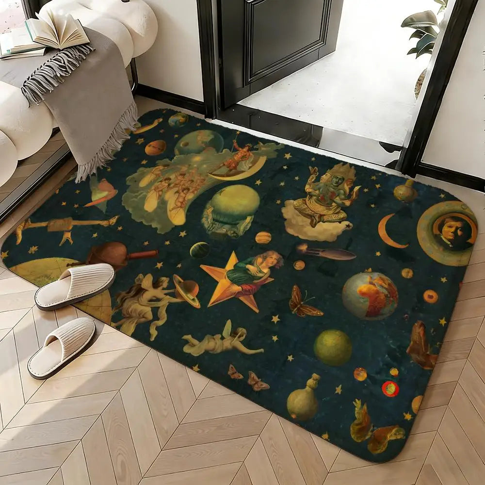 tapis sol doux motif galactique planètes étoiles vintage décoration chambre salon bleu beige