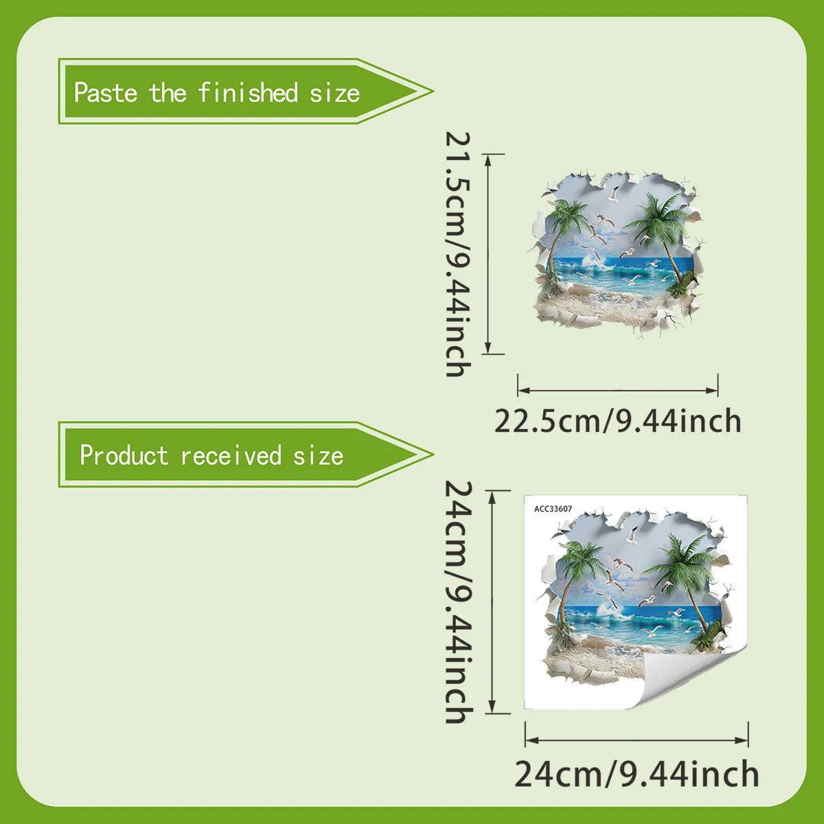 sticker mural 3d paysage marin palmiers oiseaux volants sable bleu vert blanc