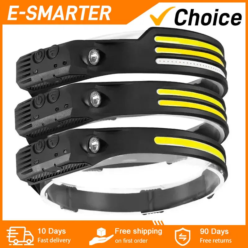 lampe frontale rechargeable led noir jaune blanc rayures horizontales ceinture ajustable mode nuit torche