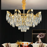 lustre cristal moderne doré transparent finition brillante élégant pendeloque chambre salon