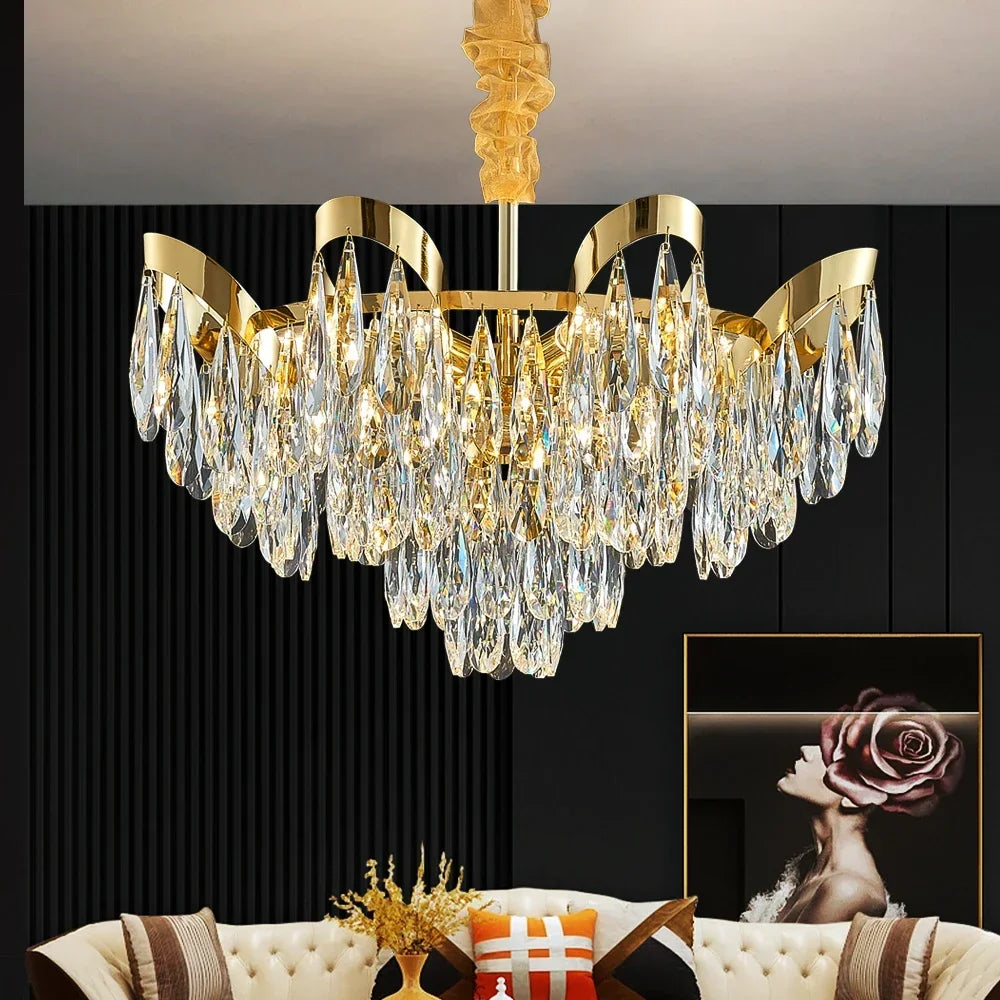 lustre cristal moderne doré transparent finition brillante élégant pendeloque chambre salon