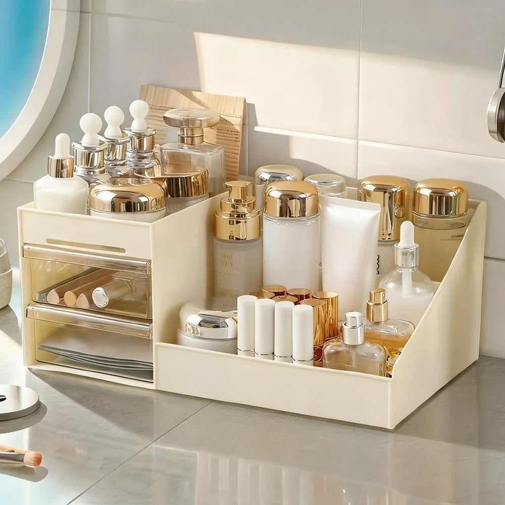 boîte rangement cosmétique beige clair moderne brosse parfum crème stylos accessoires maquillage