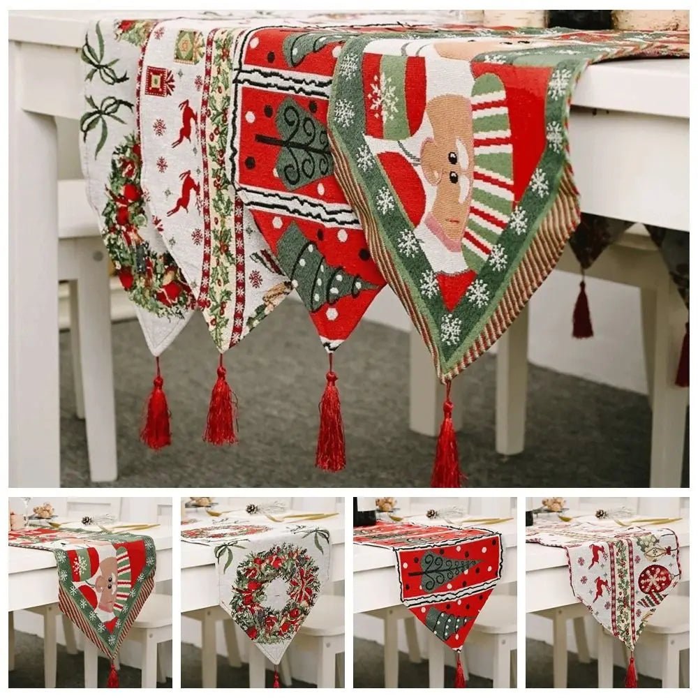 table noël chemin table motifs flocons rennes sapins tassel rouge vert festive decoration