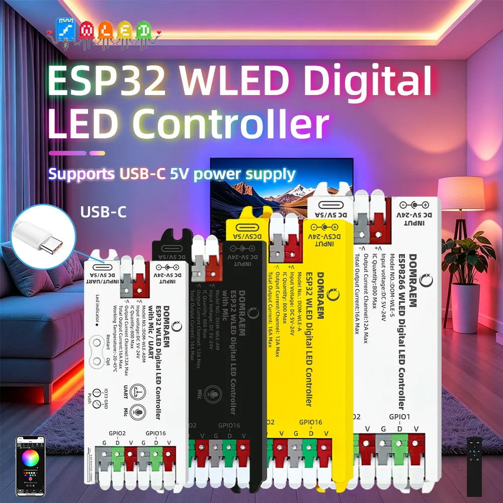 contrôleur led esp32 wled wifi noir blanc programmable addressable pixel strip rgbic ws2812