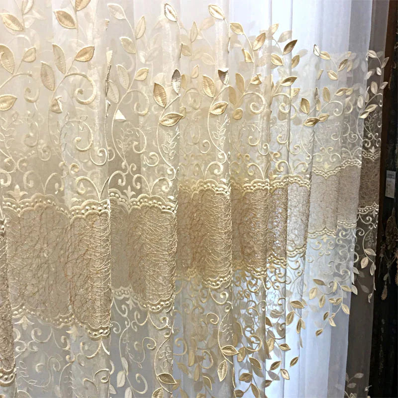 rideau blanc broderie feuilles dorées élégant européen classique polyester fenêtre française