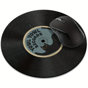 tapis souris rond imitation vinyle chat noir deco musicale antidérapant caoutchouc noir bleu beige