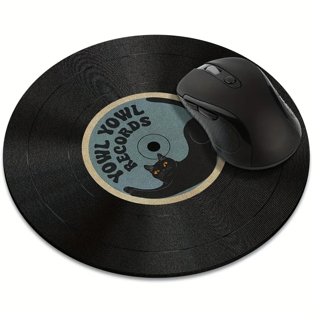 tapis souris rond imitation vinyle chat noir deco musicale antidérapant caoutchouc noir bleu beige