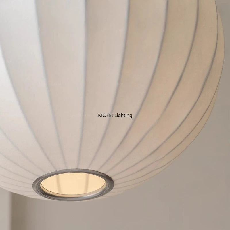 suspension lumineuse soie blanc crème forme sphérique motif rayé minimaliste lumière led chambre étude