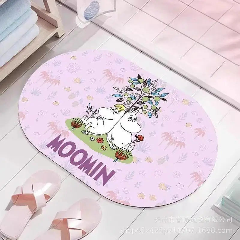 tapis sol moomin dessins animés rose clair blanc rouge bleu personnages fleurs illustration salle