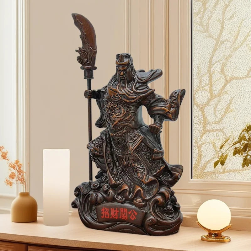 statue décorative traditionnelle asiatique guerrier armure base motif ondulés pièces monnaie chinoises