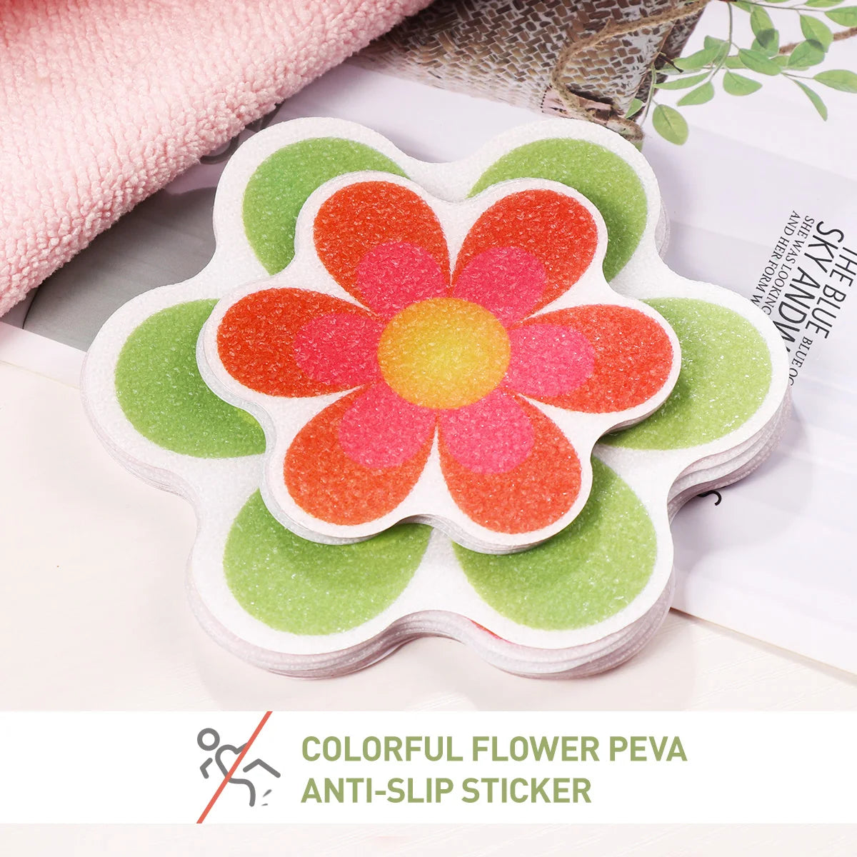 sticker anti dérapants fleurs modernes salle bain bleu vert orange rose violet éco responsable