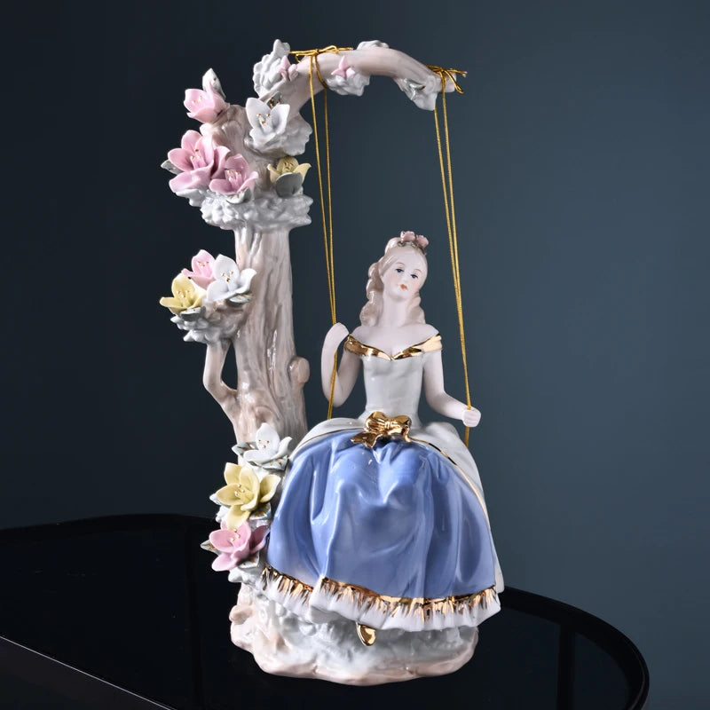 figurines decoratives ceramic bleu clair blanc rose fleurs sculptees classique rococó baroque chambre salon