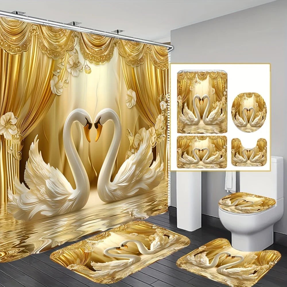 rideau douche imperméable cygnes dorés tapis bain couvercle toilette ensemble salle bain or blanc
