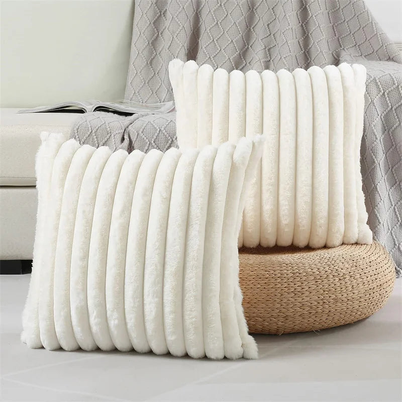 coussins décoratifs carrés rayés peluche douce moderne gris blanc cassé 45x45cm