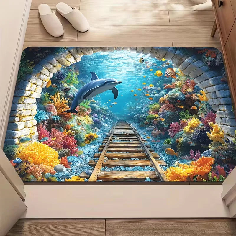tapis sol moderne poissons sous marin coraux bleu vert orange